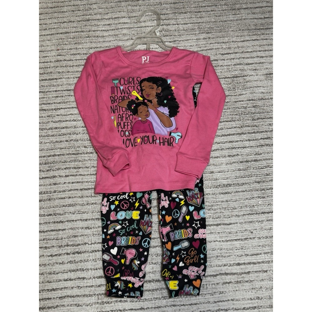NWT PJ Place Girls 2T Pajama Set Pink Black Curls‎ Braids Natural Hair Graphic